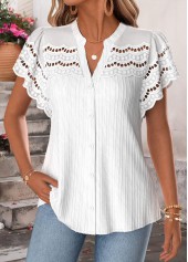 White Shirred Short Sleeve Split Neck Blouse | thumb picture 