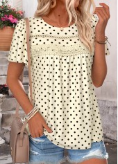 Beige Polka Dot Curved Hem Short Sleeve T Shirt