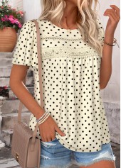 Beige Polka Dot Curved Hem Short Sleeve T Shirt | thumb picture 