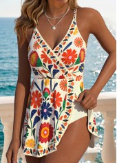 Light Yellow Cross Hem Floral Print One Piece Swimdress | thumb picture 