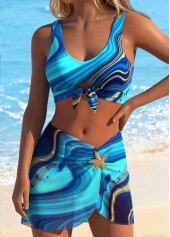 Peacock Blue Mid Waisted Three-piece Tribal Print Bikini Set