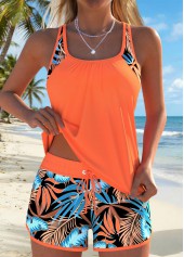 Orange Mid Waisted Patchwork Leaf Print Tankini Set