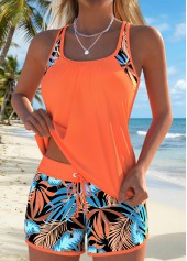 Orange Mid Waisted Patchwork Leaf Print Tankini Set | thumb picture 