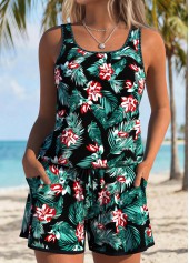Black Bowknot Tropical Plants Print One Piece Swimwear