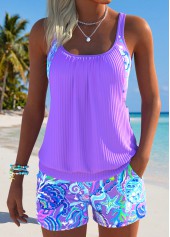 Purple Mid Waisted Pocket Marine Life Print Tankini Set