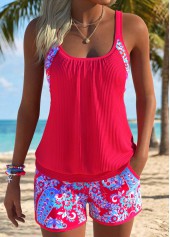 Peach Red Mid Waisted Pocket Paisley Print Tankini Set