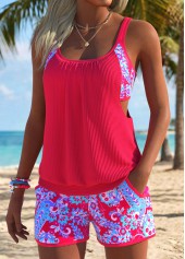 Peach Red Mid Waisted Pocket Paisley Print Tankini Set | thumb picture 