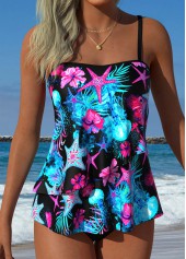 Black Mid Waisted Layered Marine Life Print Tankini Set