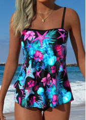 Black Mid Waisted Layered Marine Life Print Tankini Set | thumb picture 