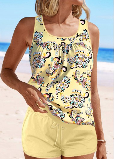 women clothes image of Patchwork Tribal Print Light Yellow Tankini Set