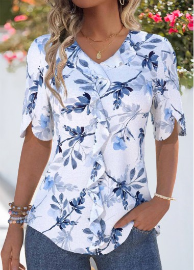 women clothes image of Light Blue Ruffle Leaf Print 3/4 Sleeve Blouse