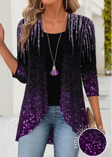 women clothes image of Purple Tummy Coverage Ombre Long Sleeve Lightweight Cardigan
