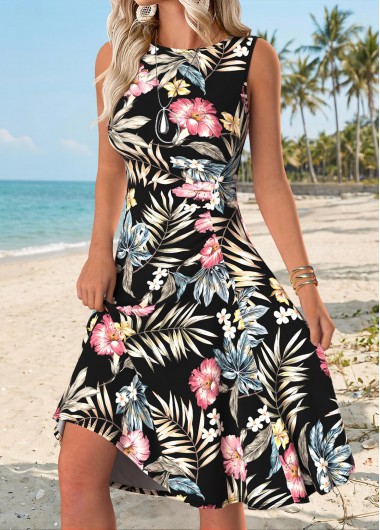 women clothes image of White Floral Print Shirred Sleeveless Round Neck Dress