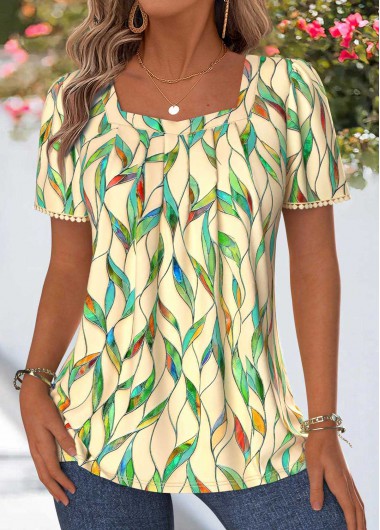 women clothes image of Multi Color Leaf Print Pleated Short Sleeve T Shirt