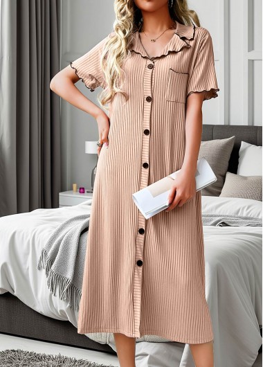 women clothes image of Light Camel Short Sleeve Turn Down Collar Nightdress