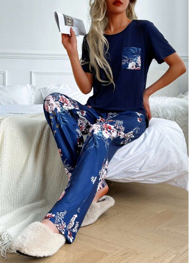 women clothes image of Navy Floral Print Short Sleeve Lounge Top and Pants