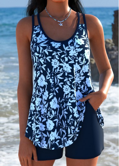 women clothes image of Navy Mid Waisted Curved Hem Tankini Set