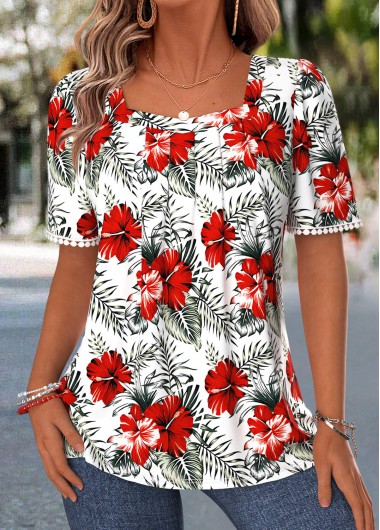 women clothes image of White Floral Print Shirred Short Sleeve T Shirt