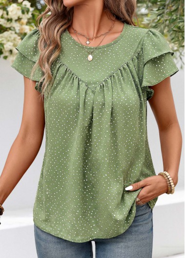 women clothes image of Sage Green Polka Dot Layered Short Sleeve T Shirt