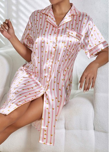 women clothes image of Pink Striped Half Sleeve Turn Down Collar Nightdress