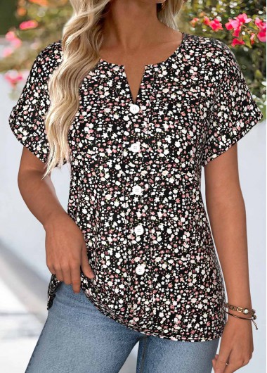 women clothes image of Black Ditsy Floral Print Tummy Coverage Short Sleeve Blouse