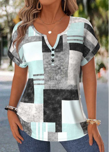 women clothes image of Mint Green Geometric Print Tummy Coverage T Shirt