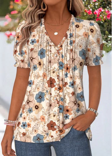 women clothes image of Multi Color Floral Print Frill Short Sleeve T Shirt