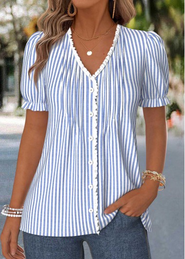 women clothes image of Dusty Blue Striped Frill Short Sleeve T Shirt