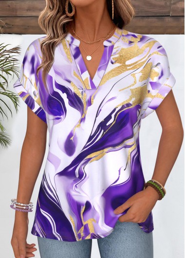 women clothes image of Purple Marble Print Short Sleeve Split Neck T Shirt