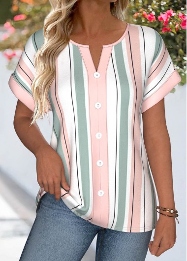 women clothes image of Multi Color Striped Tummy Coverage Short Sleeve Blouse
