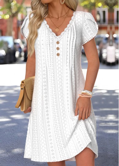 women clothes image of White Short Tuck Stitch V Neck Dress