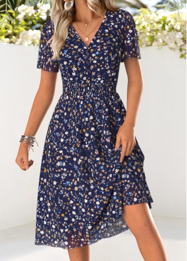 women clothes image of Dark Blue Ditsy Floral Print Smocked Short Sleeve Dress