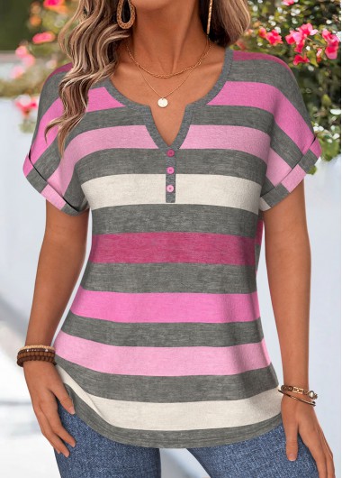 women clothes image of Hot Pink Striped Curved Hem Short Sleeve Blouse