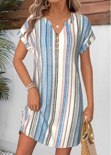 women clothes image of Multi Color Striped Short Tummy Coverage Split Neck Dress