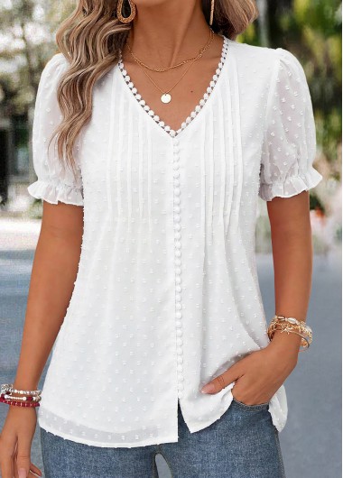 women clothes image of White Tuck Stitch Short Sleeve V Neck T Shirt