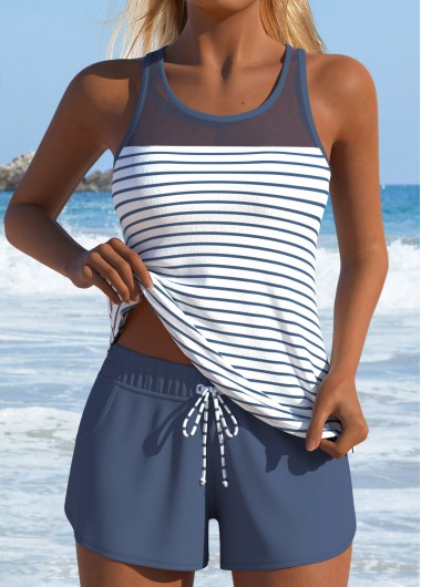 women clothes image of Dusty Blue Mid Waisted Two-piece Striped Tankini Set
