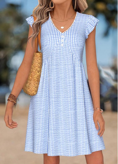 women clothes image of Light Blue Striped Short Shirred V Neck Dress