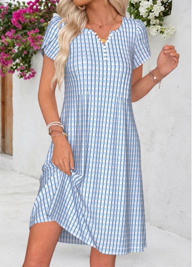 women clothes image of Blue Plaid Short Tuck Stitch Split Neck Dress