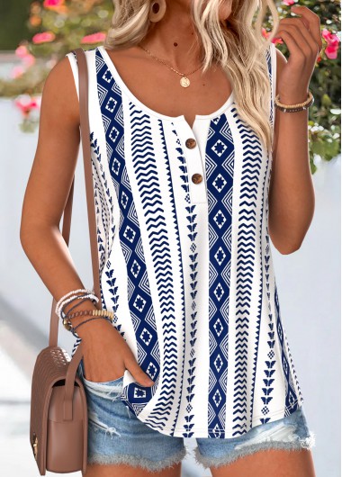 women clothes image of Navy Geometric Print Button Sleeveless Round Neck Tank Top