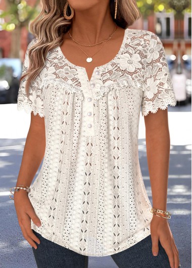 women clothes image of Beige Ruffle Short Sleeve Split Neck Blouse
