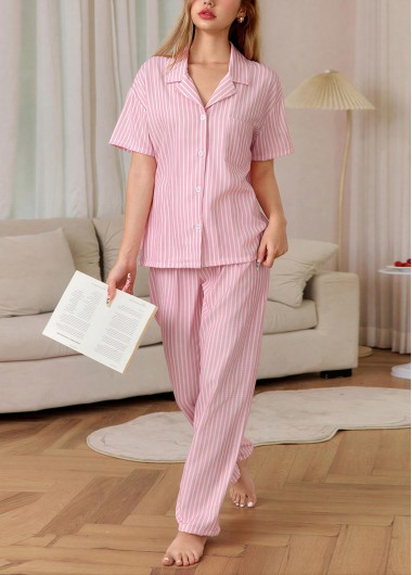 women clothes image of Pink Striped Short Sleeve Lounge Top and Pants