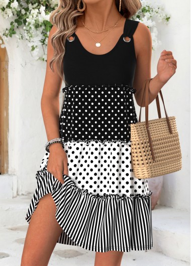 women clothes image of Black Geometric Print Short Shirred Sleeveless Scoop Neck Dress