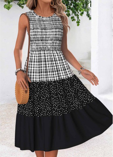women clothes image of Black Geometric Print Tummy Coverage Sleeveless Round Neck Dress