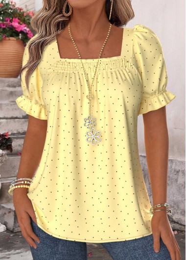 women clothes image of Yellow Polka Dot Curved Hem Short Sleeve T Shirt