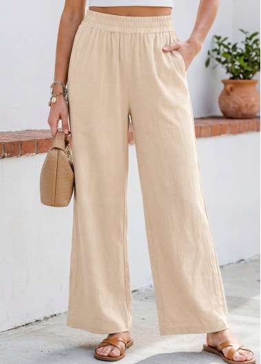 women clothes image of Beige Straight Leg Elastic Waist High Waisted Pants