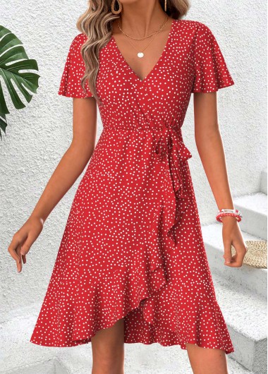 women clothes image of Red Polka Dot Short Shirred V Neck Dress