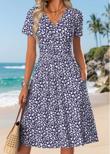 women clothes image of Navy Ditsy Floral Print Surplice Short Sleeve Dress