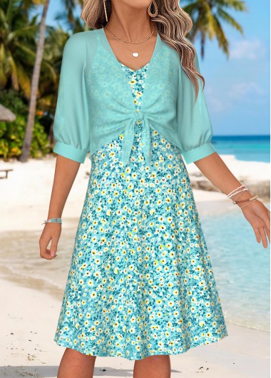 women clothes image of Mint Green Ditsy Floral Print Two-piece Dress and Cardigan