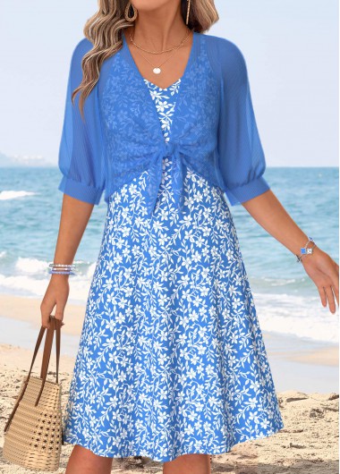 women clothes image of Blue Floral Print Two-piece Half Sleeve Dress and Cardigan