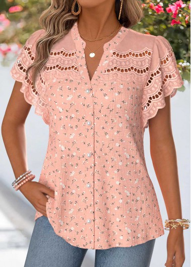 women clothes image of Dusty Pink Patchwork Short Sleeve Split Neck Blouse